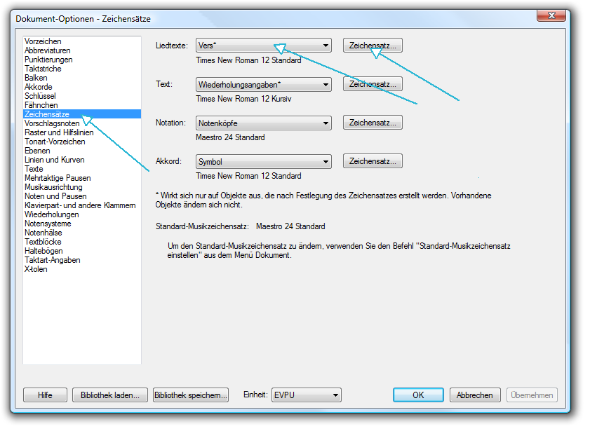 Dialogbox Dokument-Optionen - Zeichensätze mit markiertem Aufklappmenü Liedtext und markierter Zeichensatz-Auswahltaste
